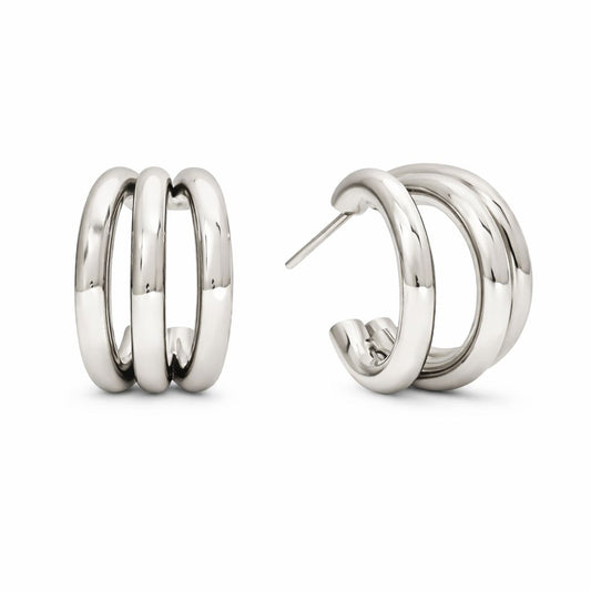 Polished silver double hoop earrings with a minimalist stacked design by Amorin Jewelry