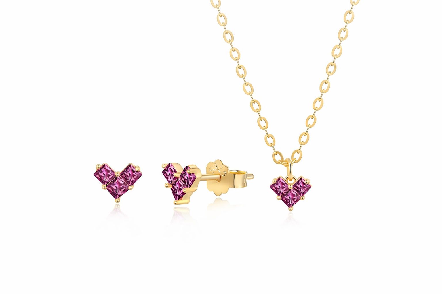 Pink cubic zirconia heart stud earrings in gold-plated sterling silver close-up